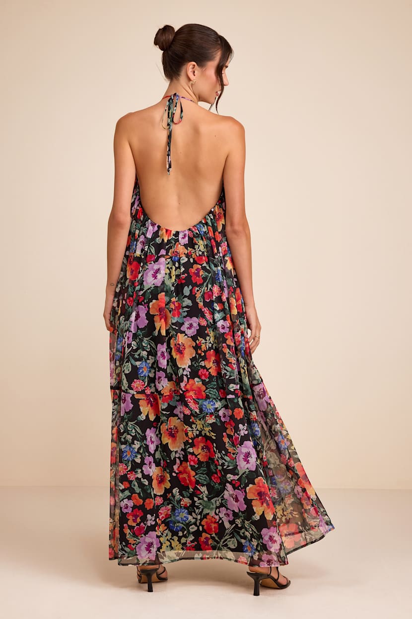 backless shift dress Lulus | Black Multi Floral Maxi | Womens | X-Small (Available in S, M, L, XL) My Height is:Tall (5'7