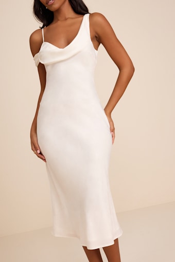 Cavani White Satin Asymmetrical Midi Dress 6