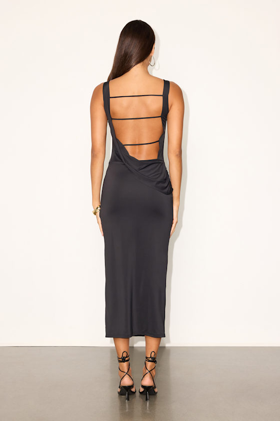 Black Column Midi Dress - Slinky Knit Dress - Backless Midi Dress - Image 3