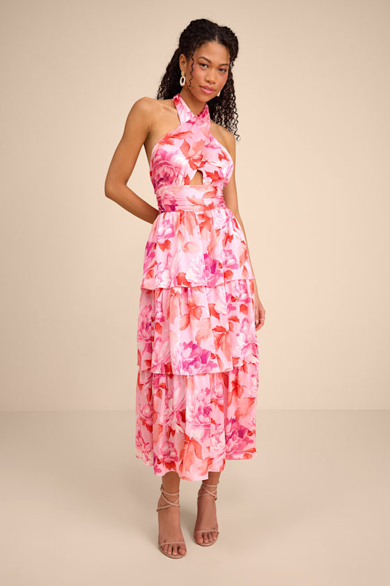 herlipto Tiered Floral Pleated Dress ピンク Pink Floral Midi Dress - Tiered Floral Dress - Halter Floral Midi