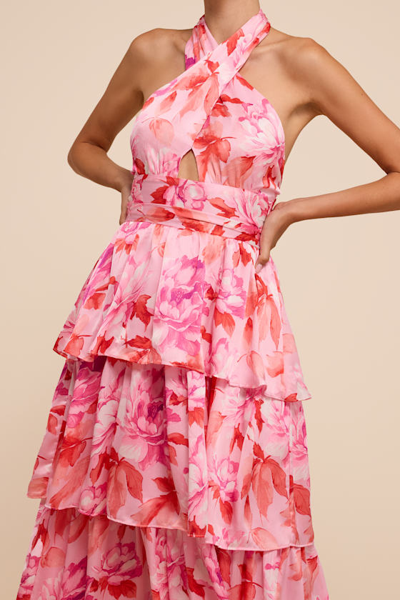 Ashlyn Pink Floral Tiered Midi Dress 3