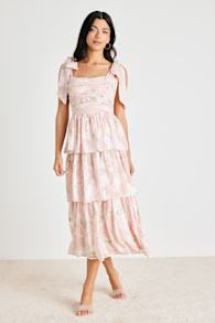 Baina Blush Floral Jacquard Tiered Midi Dress 1