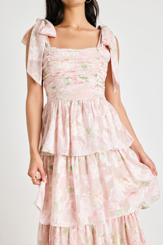 Baina Blush Floral Jacquard Tiered Midi Dress 2