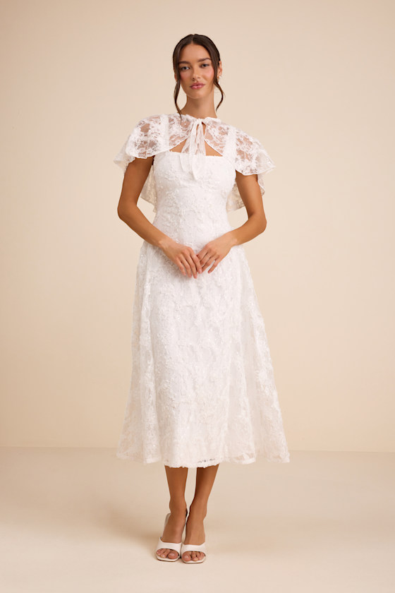 Lulus | White Lace Sequin Cape Midi Dress | Womens | Small (Available in XS, M, L, XL) | 100% Polyester Lulus | White Lace Sequin Cape Midi Dress | Womens | Small (Available in XS, M, L, XL) | 100% Polyester