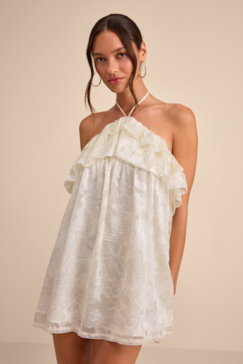 Erika Ivory Floral Burnout Halter Mini Dress 1