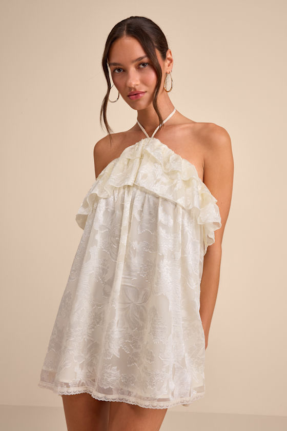Erika Ivory Floral Burnout Halter Mini Dress 1