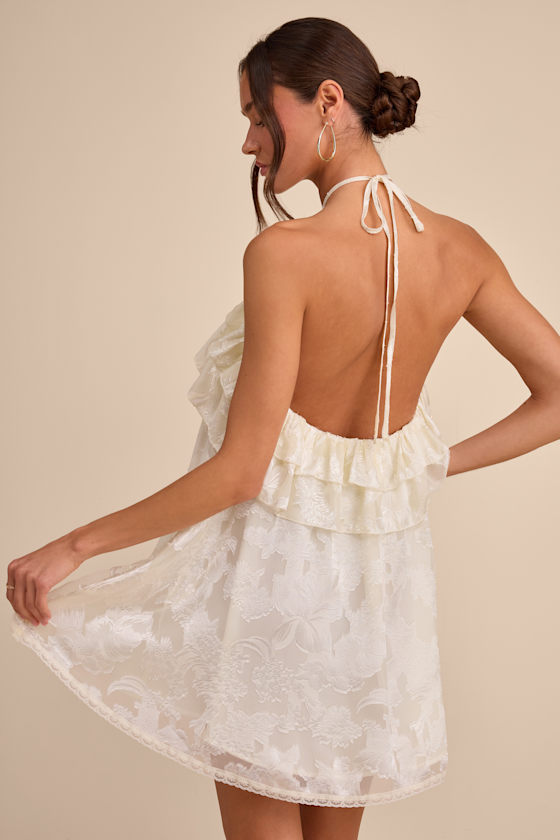 Erika Ivory Floral Burnout Halter Mini Dress 2