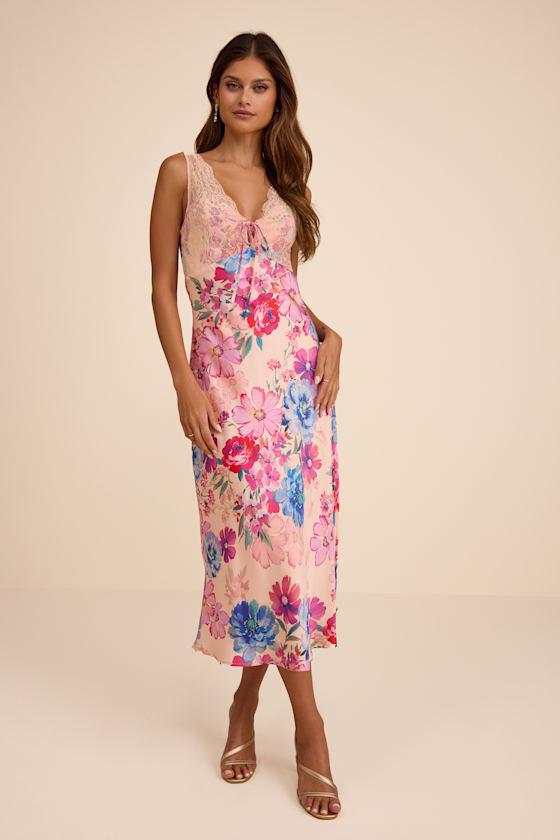 Jaylene Blush Multi Floral Lace Tie-Front Midi Dress 1