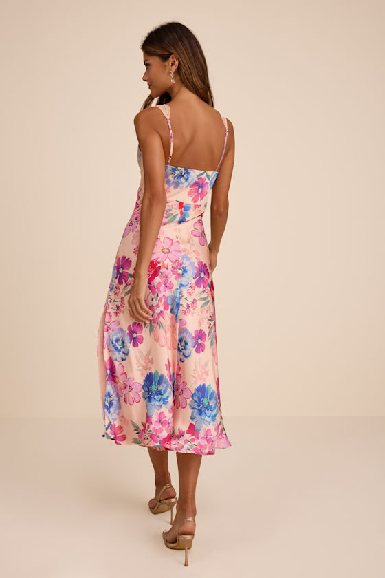 Blush Floral Midi Dress - Lace Midi Dress - Tie-Front Midi Dress