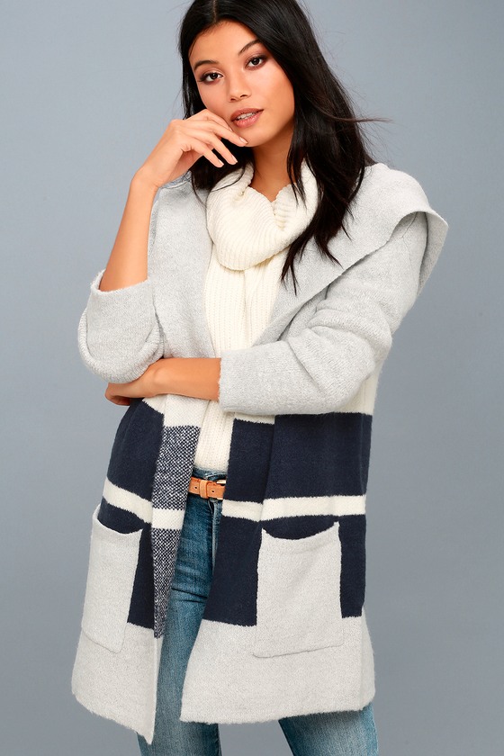 Carlsbad Grey and Navy Blue Striped Hooded Cardigan Sweater