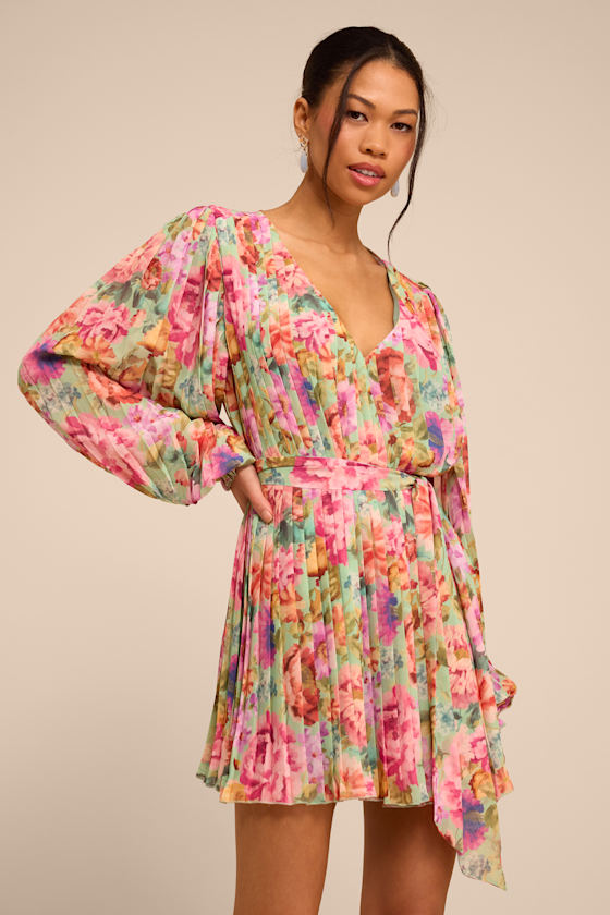 Dalila Sage Multi Floral Pleated Shift Mini Dress 1