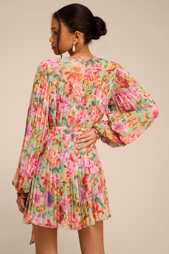 Dalila Sage Multi Floral Pleated Shift Mini Dress 2