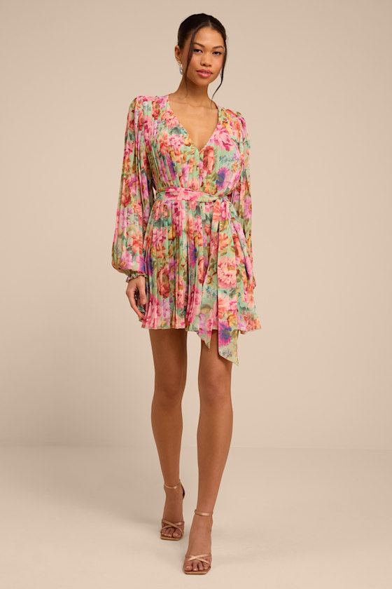Dalila Sage Multi Floral Pleated Shift Mini Dress - thumbnail 3