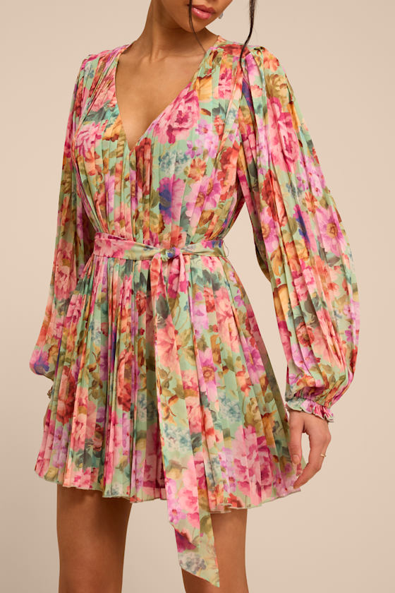 Dalila Sage Multi Floral Pleated Shift Mini Dress - thumbnail 4