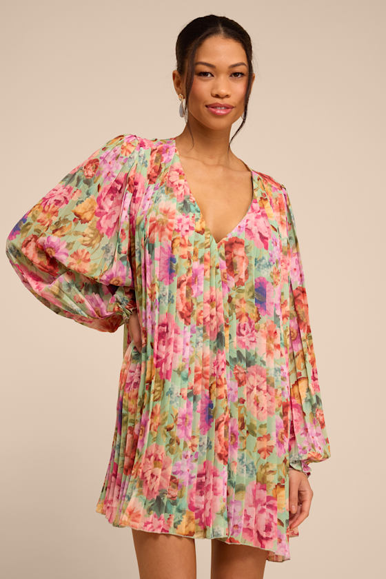 Dalila Sage Multi Floral Pleated Shift Mini Dress - thumbnail 5