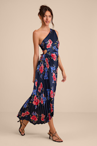 Mariella Navy Multi Floral Satin Pleated Midi Dress 4