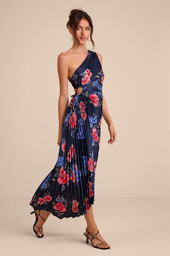 Mariella Navy Multi Floral Satin Pleated Midi Dress 4