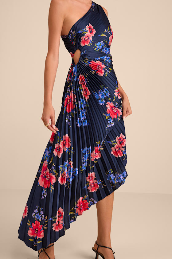 Mariella Navy Multi Floral Satin Pleated Midi Dress 6