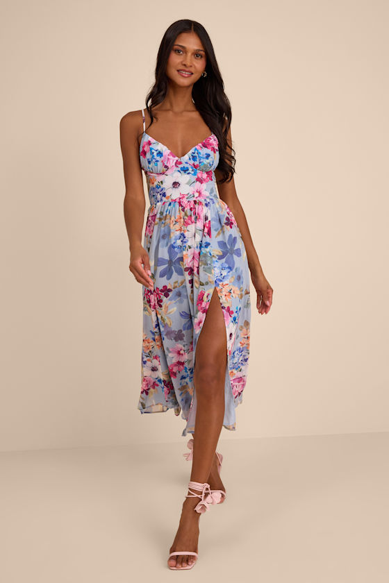 Alani Light Blue Multi Floral Lace-Up Midi Dress 1