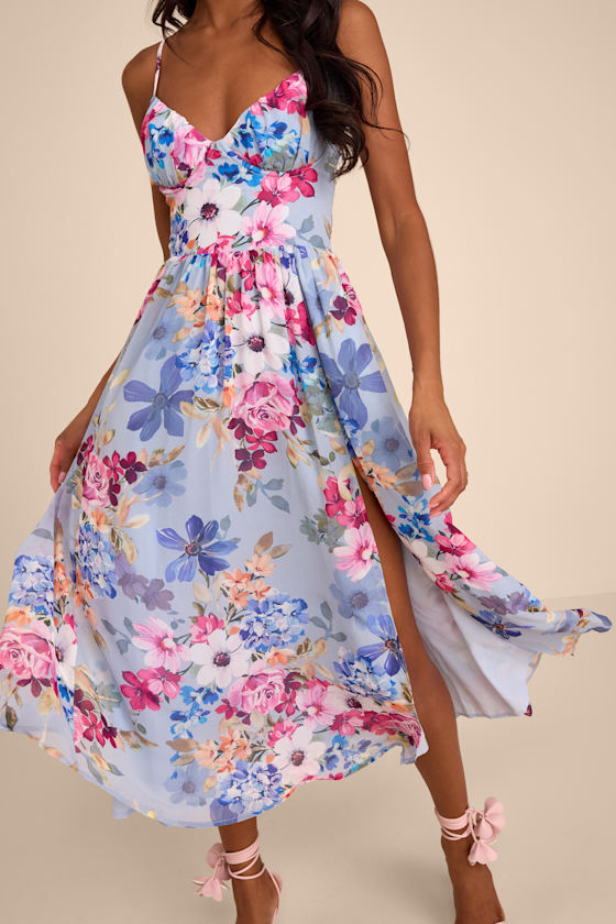 Alani Light Blue Multi Floral Lace-Up Midi Dress 2