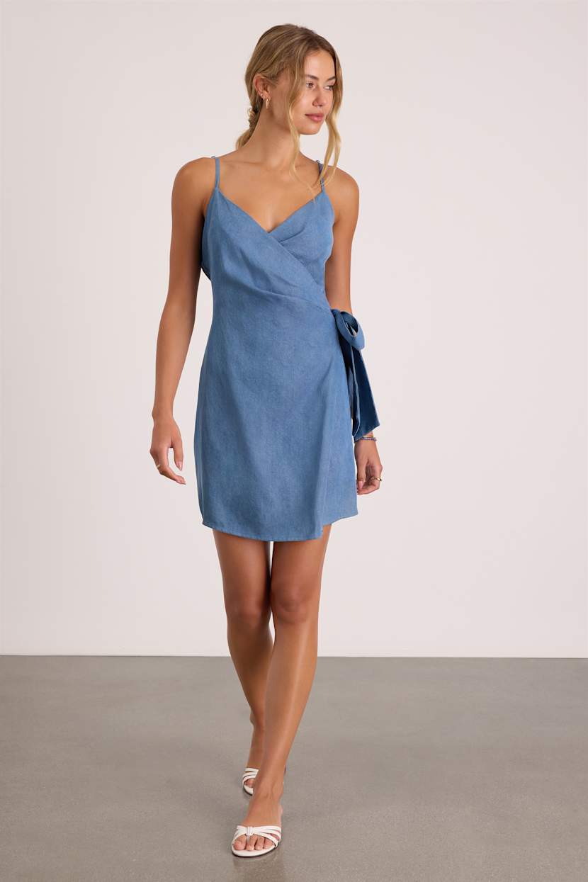 blue wrap mini dress Sunny Somewhere Wrap Mini Dress  VICI