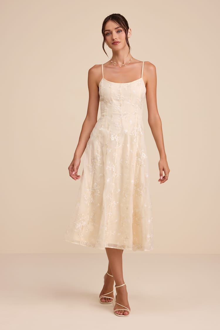 french connection sleeveless embroidered lace midi dress Dress The Population Elisa Dress - White main image 1