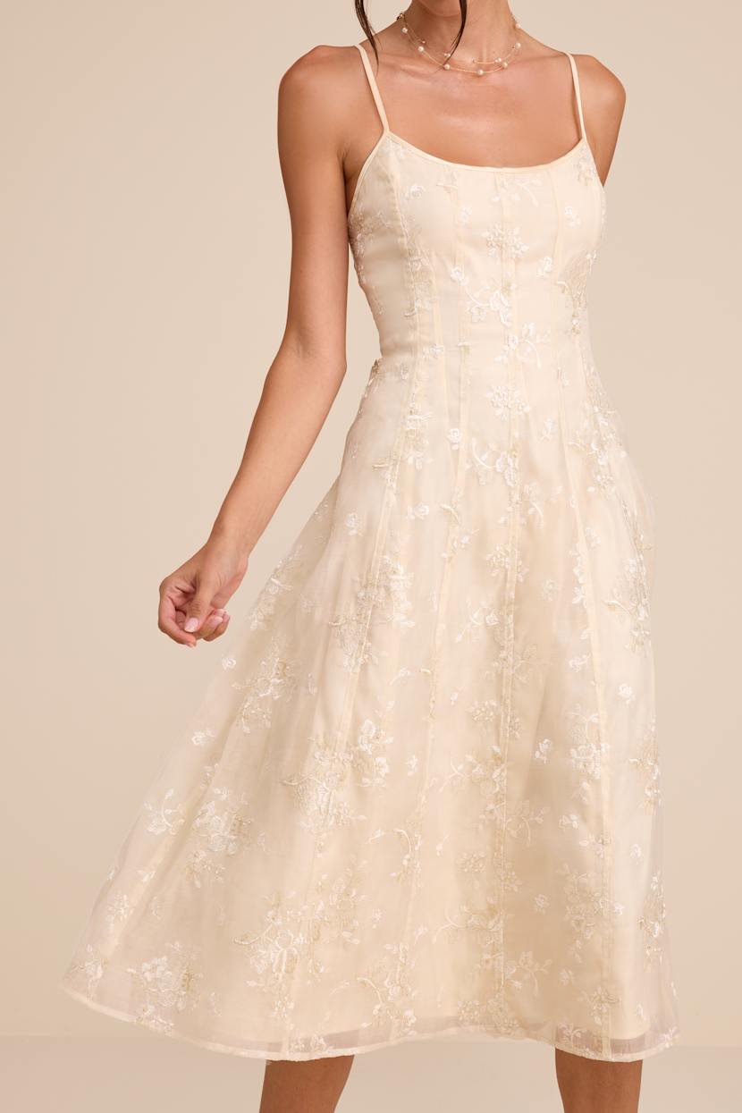 fitted lace wedding dress Beige Floral Print V Neck Sleeveless Midi Dress main image 0