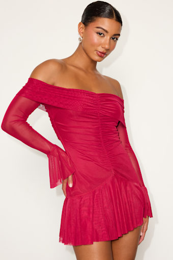 Milith Red Mesh Off-the-Shoulder Mini Dress 1