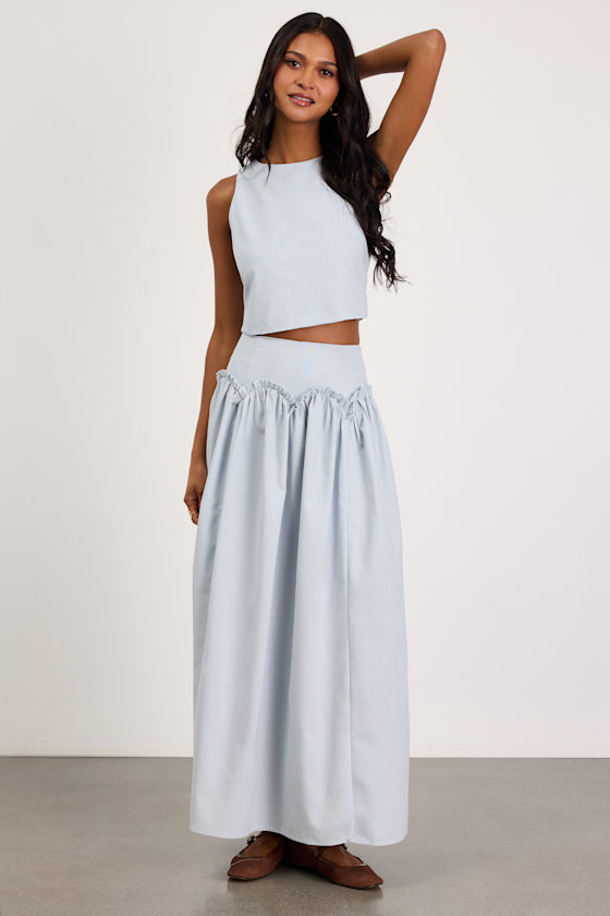 Cindy Light Blue Linen Two-Piece Maxi Dress 1