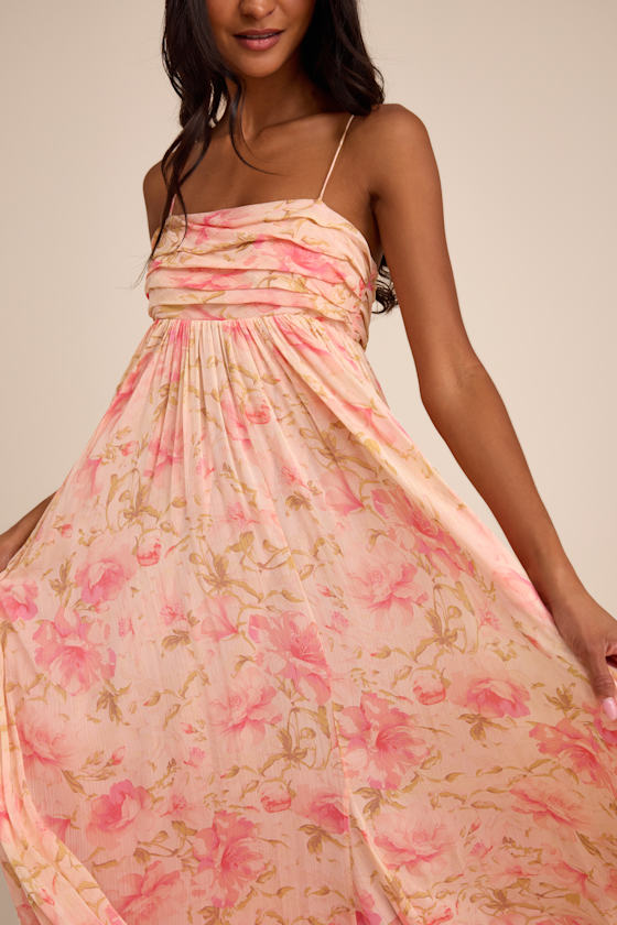 Blush Floral Pleated Dress - Pleated Dress - Empire Waist Dress