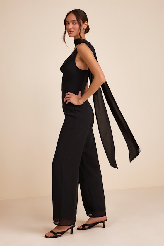 Kelila Black Cowl Neck Jumpsuit and Scarf Set - thumbnail 4