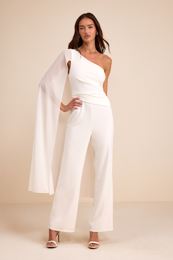 Stevie White One-Shoulder Cape Jumpsuit 1