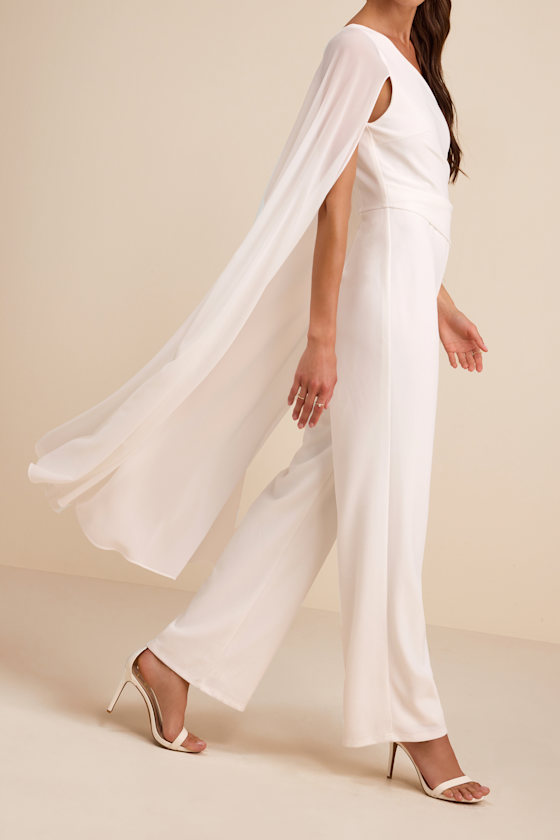 Stevie White One-Shoulder Cape Jumpsuit 2