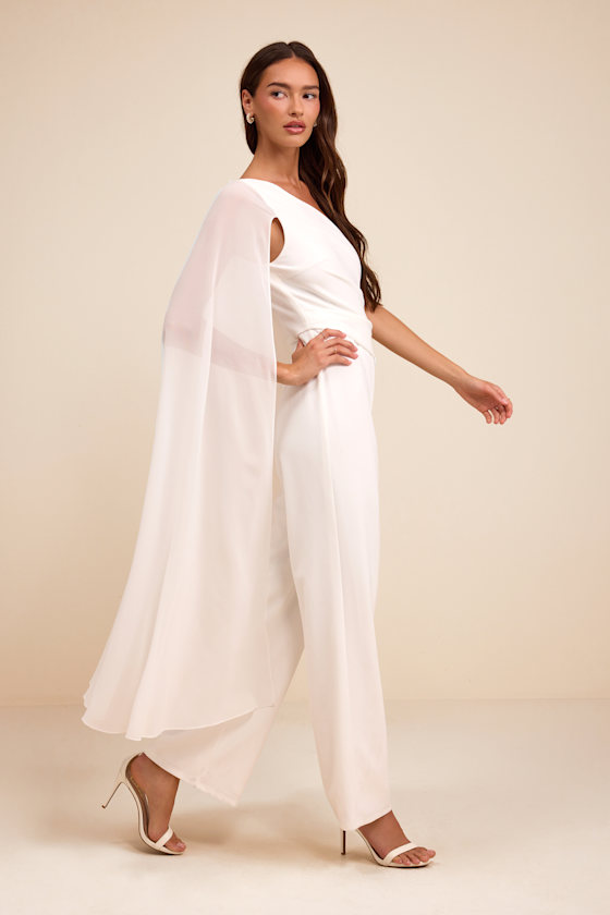 Stevie White One-Shoulder Cape Jumpsuit - thumbnail 4