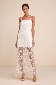 Cassie White Sequin Embroidered Sheer Hem Maxi Dress 1