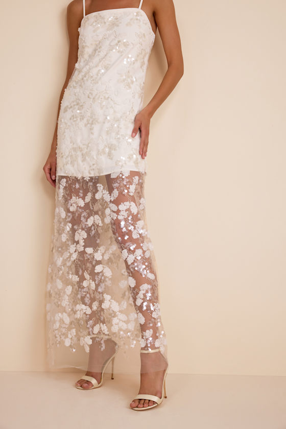 Cassie White Sequin Embroidered Sheer Hem Maxi Dress 2