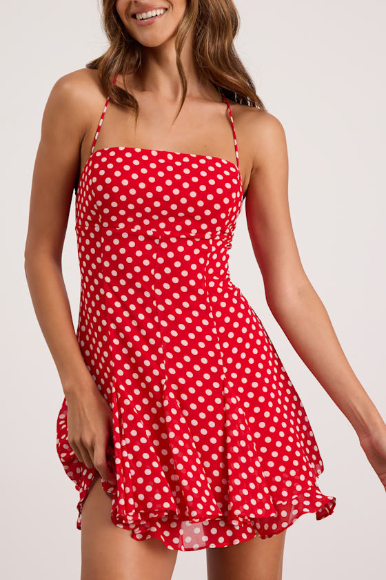 red and white polka dot dress Pleated Tiered Mini | Womens | Medium (Available in L, XL) | 100% Polyester front bust with cut Length:56 Skirt detachable Halter Hollow Out Backless