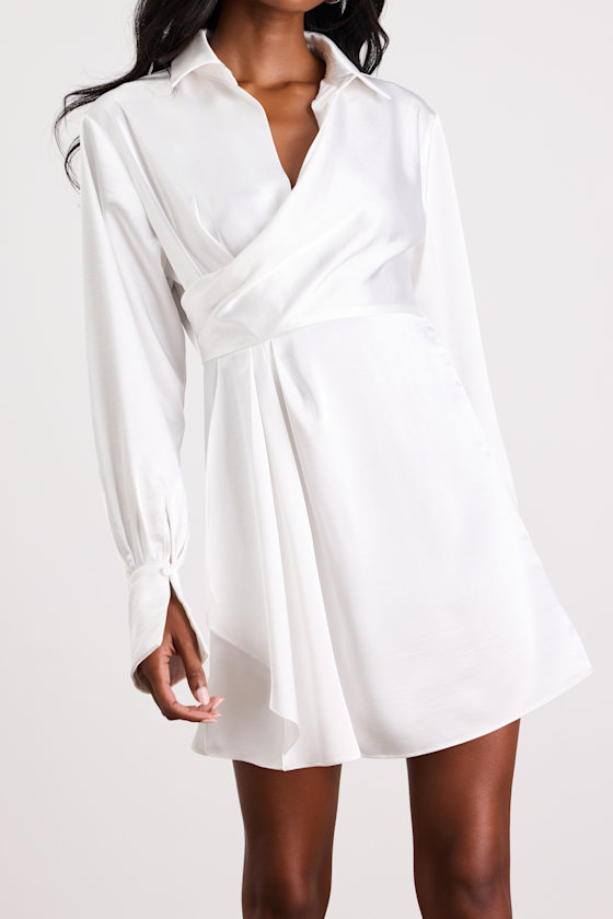 Rumaria White Satin Faux-Wrap Mini Dress 2
