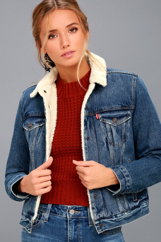 faux shearling trim denim trucker jacket