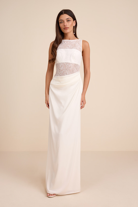 Image of Akasha White Sheer Lace Mixed-Media Maxi Dress