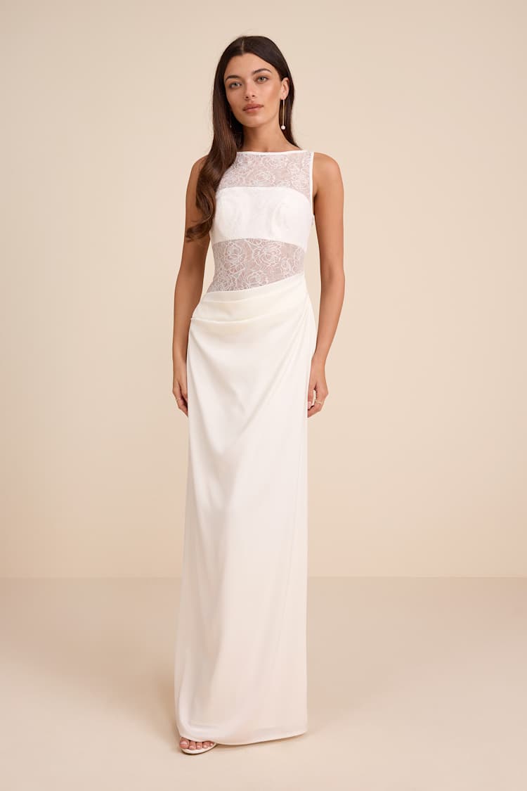 White Sheer Lace Dress - Mixed-Media Dress - Column Maxi Dress - Lulus