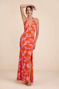 Fiametta Orange and Pink Floral Ruched Maxi Dress 1