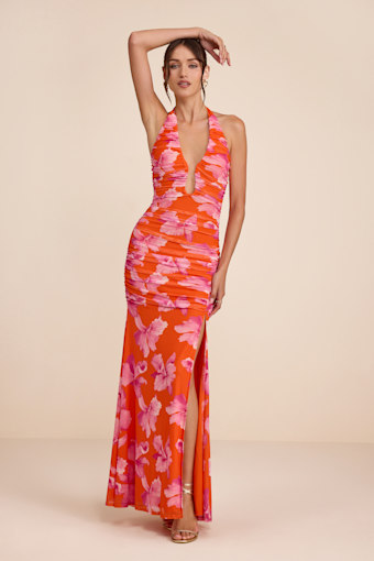 Fiametta Orange and Pink Floral Ruched Maxi Dress 1