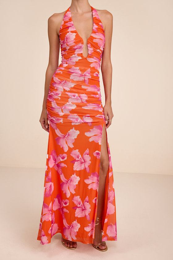 Fiametta Orange and Pink Floral Ruched Maxi Dress 2