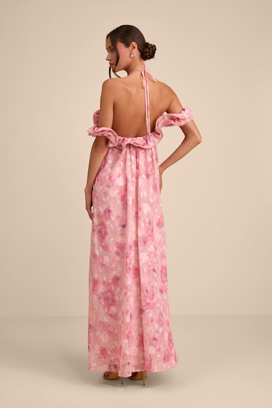 Amia Pink Floral Burnout Ruffled Shift Maxi Dress 3