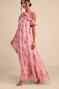 Amia Pink Floral Burnout Ruffled Shift Maxi Dress 4