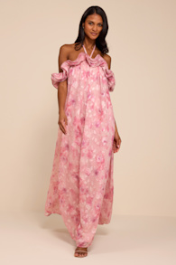 Amia Pink Floral Burnout Ruffled Shift Maxi Dress 2