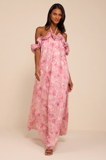 Amia Pink Floral Burnout Ruffled Shift Maxi Dress 2