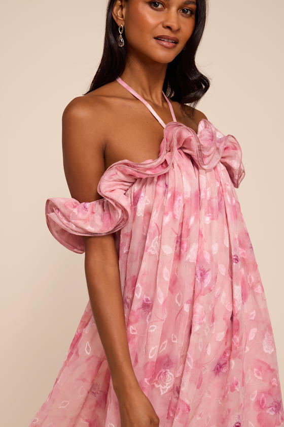 Amia Pink Floral Burnout Ruffled Shift Maxi Dress 3