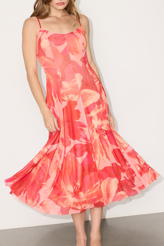Atori Red Multi Floral Print Mesh Sleeveless Midi Dress 2